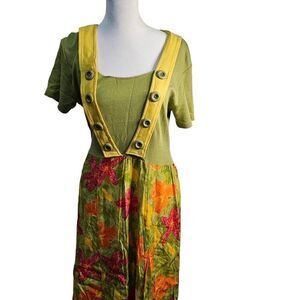 Vintage 80s Maxi Dress Womens Size S Green Floral Button Accent Artsy Funky